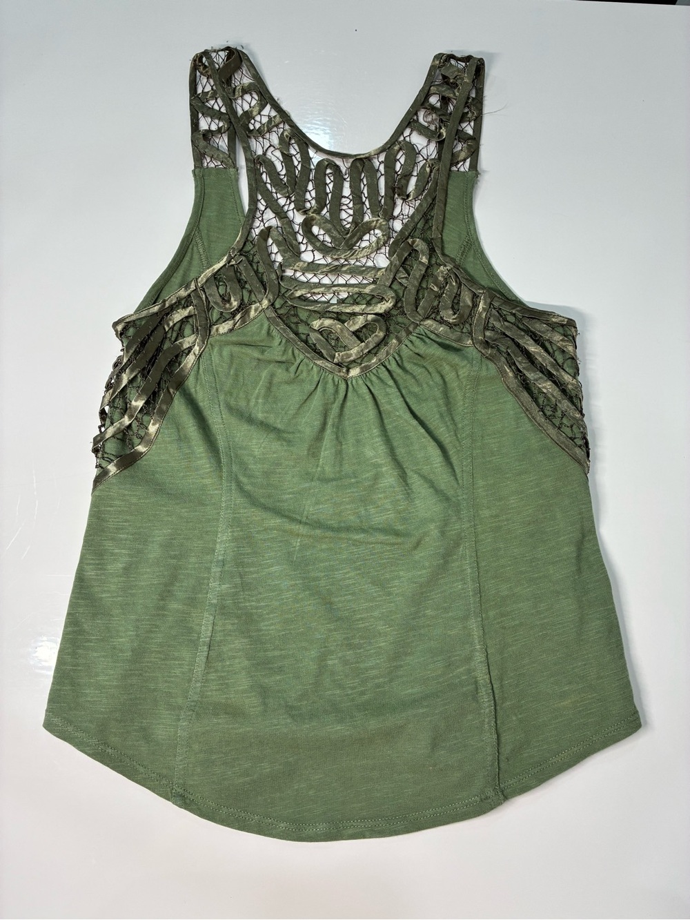 Free People 100% Cotton Olive Green Crochet-Back Tank Top